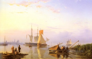  Amsterdam Oil Painting - Shipping In A Calm Amsterdam Hermanus Snr Koekkoek seascape boat